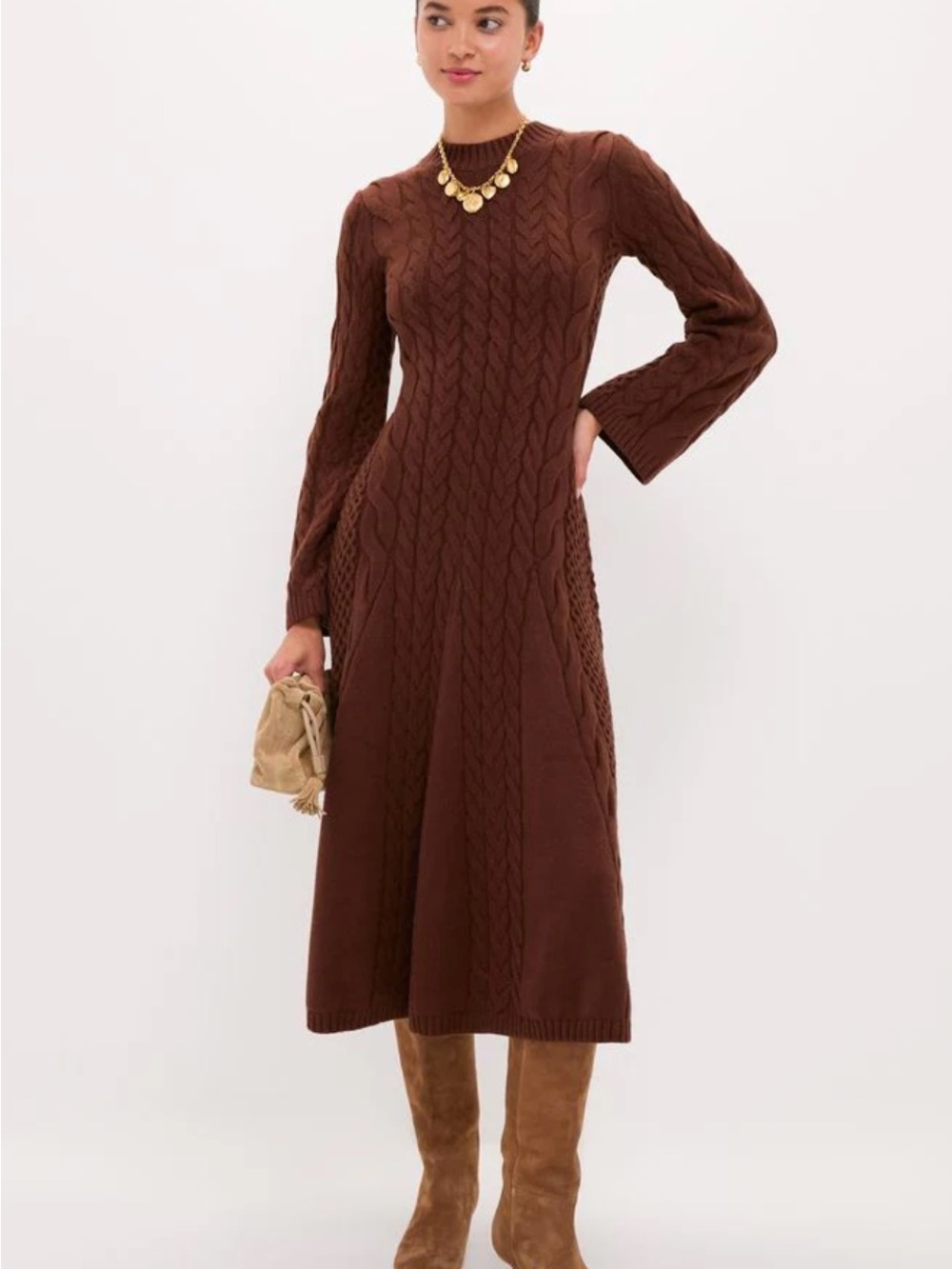 Tuckernuck Chocolate Brown Cable-Knit Long Sleeve Midi Dress XS